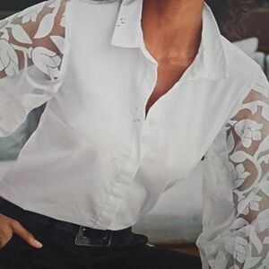 NWOT‎ Boston Proper Illusion Embroidered Sleeve Shirt  S